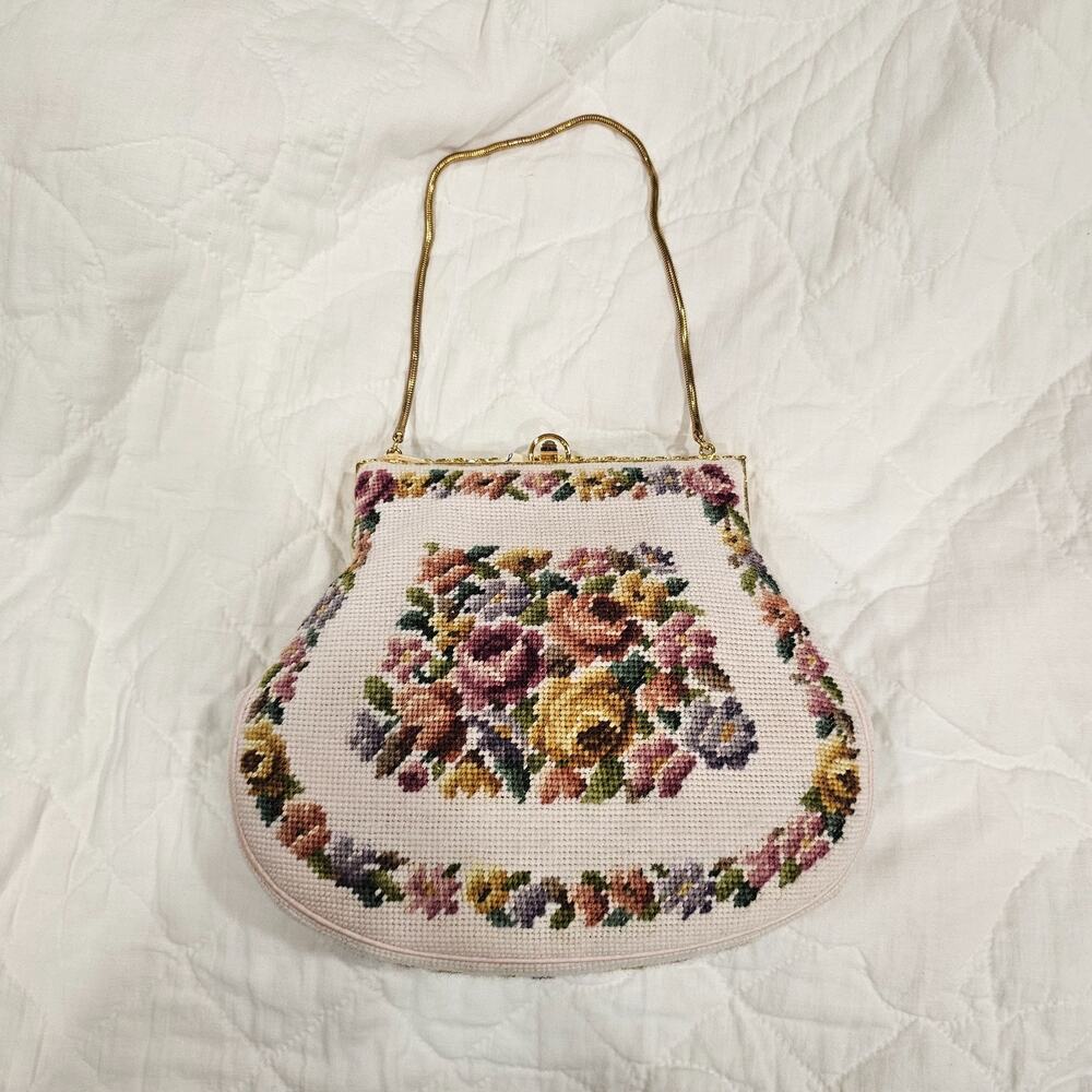 Vintage Needlepoint Handbag Petit Point Purse Pink Floral Whimsy Cottage Grandma